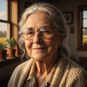 A ultra high-resolution portrait of an elderly woman with silver hair and bifocal glasses, each lens reflecting a distant landscape, captured in warm late-afternoon sunlight - Google Nano Banana (2.5 Flash)