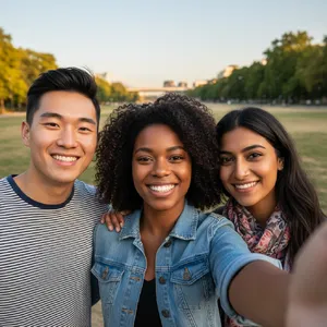 A group selfie of three friends of different ethnic backgrounds smiling at the camera. - Google Nano Banana (2.5 Flash)