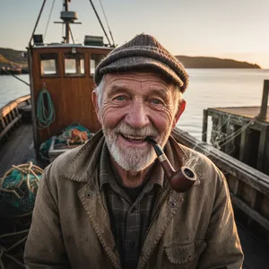 A 4K photo of an old fisherman with a weathered face and a pipe, grinning. - Google Nano Banana (2.5 Flash)