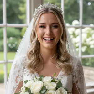 A bride on her wedding day, smiling with tears of joy in her eyes. - Google Nano Banana (2.5 Flash)