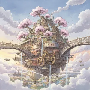A floating steampunk castle in the sky with intricate mechanical gears and cherry blossom trees, illustrated in Hayao Miyazaki's Castle in the Sky (1986) art style with watercolor textures and detailed line work. - Google Nano Banana (2.5 Flash)