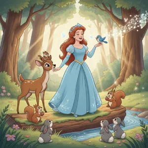 A classic Disney-like 2D cartoon princess singing with animals in a forest. - Google Nano Banana (2.5 Flash)