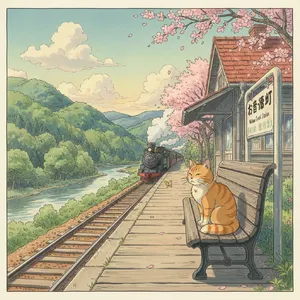 A countryside train station with a cat waiting on a bench. Rendered in Studio Ghibli animation style with Miyazaki's watercolor backgrounds and hand-drawn quality. - Google Nano Banana (2.5 Flash)