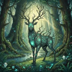 A forest spirit standing among tall trees. Replicate the artistic style of 'Princess Mononoke' by Studio Ghibli, with Miyazaki's detailed environments and mystical creature design. - Google Nano Banana (2.5 Flash)