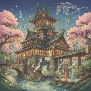An enchanted bathhouse with glowing lanterns and spirits. Recreate the visual style of 'Spirited Away' by Studio Ghibli, with Miyazaki's ornate architecture and magical atmosphere. - Google Nano Banana (2.5 Flash)