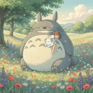 A girl and a giant fluffy creature napping in a wildflower meadow. Reproduce the art style of 'My Neighbor Totoro' by Studio Ghibli, with Miyazaki's soft character designs. - Google Nano Banana (2.5 Flash)
