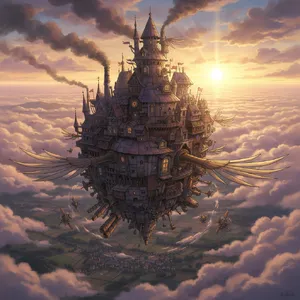 A flying castle floating in clouds at sunrise. Match the visual aesthetic of 'Howl's Moving Castle' by Studio Ghibli, with Miyazaki's blend of steampunk elements and fantasy. - Google Nano Banana (2.5 Flash)