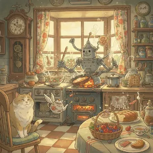 A kitchen with magical cooking implements preparing breakfast. Duplicate the artistic style of Studio Ghibli's domestic scenes, with Miyazaki's detailed settings and warm lighting. - Google Nano Banana (2.5 Flash)