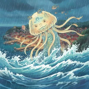 A sea creature rising from a stormy ocean near a village. Replicate the visual style of 'Ponyo' by Studio Ghibli, with Miyazaki's fluid water animations and vibrant creatures. - Google Nano Banana (2.5 Flash)