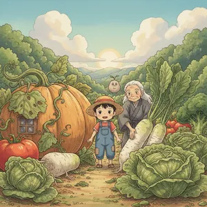 A child and elder tending oversized vegetables in a garden. Reproduce the artistic style of Studio Ghibli, with their distinctive character proportions and detailed plant illustrations. - Google Nano Banana (2.5 Flash)