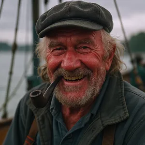 A 4K photo of an old fisherman with a weathered face and a pipe, grinning. - Black Forest Labs FLUX.1 Kontext Max
