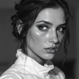 A black and white close-up portrait of a freckled woman with an intense gaze. - Black Forest Labs FLUX.1 Kontext Max