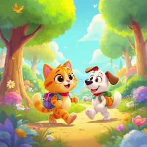A cartoon of a cat and a dog on an adventure, drawn in a colorful 2D style. - Black Forest Labs FLUX.1 Kontext Max