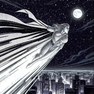 A comic-book style superhero flying over a city at night, with halftone shading. - Black Forest Labs FLUX.1 Kontext Max