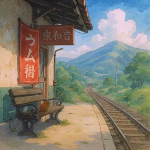 A countryside train station with a cat waiting on a bench. Rendered in Studio Ghibli animation style with Miyazaki's watercolor backgrounds and hand-drawn quality. - Black Forest Labs FLUX.1 Kontext Max