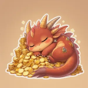 A cute chibi-style dragon sleeping on a pile of gold. - Black Forest Labs FLUX.1 Kontext Max