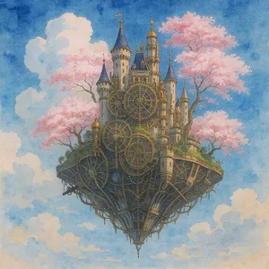 A floating steampunk castle in the sky with intricate mechanical gears and cherry blossom trees, illustrated in Hayao Miyazaki's Castle in the Sky (1986) art style with watercolor textures and detailed line work. - Black Forest Labs FLUX.1 Kontext Max