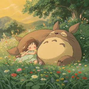 A girl and a giant fluffy creature napping in a wildflower meadow. Reproduce the art style of 'My Neighbor Totoro' by Studio Ghibli, with Miyazaki's soft character designs. - Black Forest Labs FLUX.1 Kontext Max