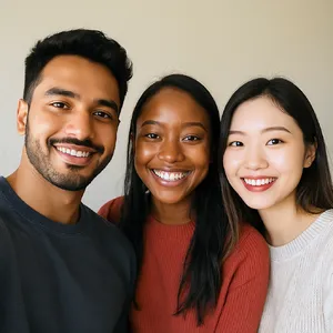 A group selfie of three friends of different ethnic backgrounds smiling at the camera. - Black Forest Labs FLUX.1 Kontext Max