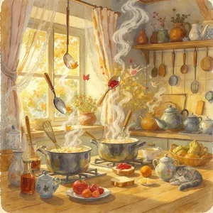 A kitchen with magical cooking implements preparing breakfast. Duplicate the artistic style of Studio Ghibli's domestic scenes, with Miyazaki's detailed settings and warm lighting. - Black Forest Labs FLUX.1 Kontext Max