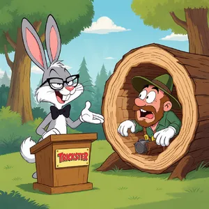 A Looney Tunes-inspired cartoon scene of a clever rabbit tricking a hunter. - Black Forest Labs FLUX.1 Kontext Max