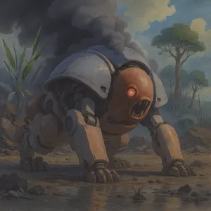 A mechanical creature in a polluted landscape. Capture the visual aesthetic of 'Nausicaä' by Studio Ghibli, with Miyazaki's mechanical designs and environmental contrast. - Black Forest Labs FLUX.1 Kontext Max