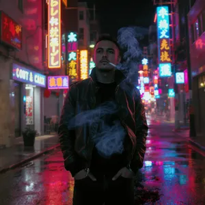 A nighttime portrait of a man lit by neon signs on a city street. - Black Forest Labs FLUX.1 Kontext Max