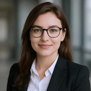 A professional headshot of a businesswoman wearing glasses, against a blurred background. - Black Forest Labs FLUX.1 Kontext Max