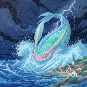 A sea creature rising from a stormy ocean near a village. Replicate the visual style of 'Ponyo' by Studio Ghibli, with Miyazaki's fluid water animations and vibrant creatures. - Black Forest Labs FLUX.1 Kontext Max