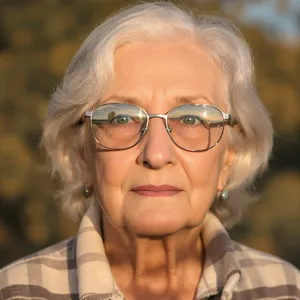 A ultra high-resolution portrait of an elderly woman with silver hair and bifocal glasses, each lens reflecting a distant landscape, captured in warm late-afternoon sunlight - Black Forest Labs FLUX.1 Kontext Max