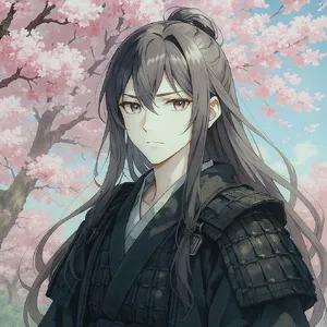 An anime-style portrait of a samurai standing under pink cherry blossoms. - Black Forest Labs FLUX.1 Kontext Max