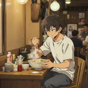 An anime scene of a character eating ramen at a small shop counter (slice-of-life style). - Black Forest Labs FLUX.1 Kontext Max