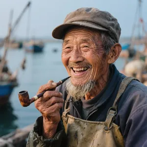 A 4K photo of an old fisherman with a weathered face and a pipe, grinning. - Bytedance Seedream 3.0