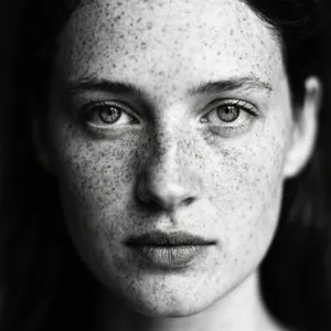 A black and white close-up portrait of a freckled woman with an intense gaze. - Bytedance Seedream 3.0