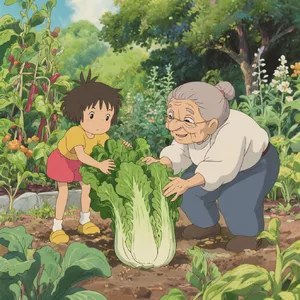 A child and elder tending oversized vegetables in a garden. Reproduce the artistic style of Studio Ghibli, with their distinctive character proportions and detailed plant illustrations. - Bytedance Seedream 3.0