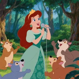 A classic Disney-like 2D cartoon princess singing with animals in a forest. - Bytedance Seedream 3.0