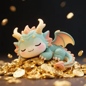 A cute chibi-style dragon sleeping on a pile of gold. - Bytedance Seedream 3.0