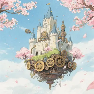 A floating steampunk castle in the sky with intricate mechanical gears and cherry blossom trees, illustrated in Hayao Miyazaki's Castle in the Sky (1986) art style with watercolor textures and detailed line work. - Bytedance Seedream 3.0