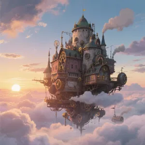 A flying castle floating in clouds at sunrise. Match the visual aesthetic of 'Howl's Moving Castle' by Studio Ghibli, with Miyazaki's blend of steampunk elements and fantasy. - Bytedance Seedream 3.0