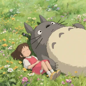 A girl and a giant fluffy creature napping in a wildflower meadow. Reproduce the art style of 'My Neighbor Totoro' by Studio Ghibli, with Miyazaki's soft character designs. - Bytedance Seedream 3.0