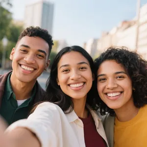 A group selfie of three friends of different ethnic backgrounds smiling at the camera. - Bytedance Seedream 3.0