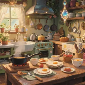 A kitchen with magical cooking implements preparing breakfast. Duplicate the artistic style of Studio Ghibli's domestic scenes, with Miyazaki's detailed settings and warm lighting. - Bytedance Seedream 3.0