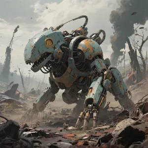A mechanical creature in a polluted landscape. Capture the visual aesthetic of 'Nausicaä' by Studio Ghibli, with Miyazaki's mechanical designs and environmental contrast. - Bytedance Seedream 3.0