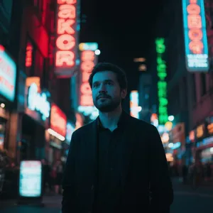 A nighttime portrait of a man lit by neon signs on a city street. - Bytedance Seedream 3.0