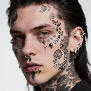 A portrait of a person with elaborate facial tattoos and piercings, shown in sharp detail. - Bytedance Seedream 3.0