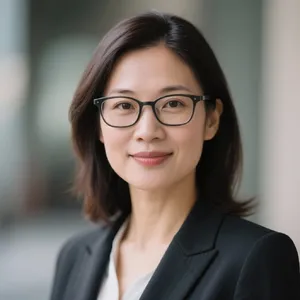 A professional headshot of a businesswoman wearing glasses, against a blurred background. - Bytedance Seedream 3.0