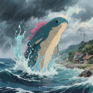 A sea creature rising from a stormy ocean near a village. Replicate the visual style of 'Ponyo' by Studio Ghibli, with Miyazaki's fluid water animations and vibrant creatures. - Bytedance Seedream 3.0