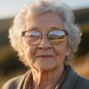 A ultra high-resolution portrait of an elderly woman with silver hair and bifocal glasses, each lens reflecting a distant landscape, captured in warm late-afternoon sunlight - Bytedance Seedream 3.0