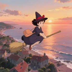 A young witch flying on a broomstick above a coastal town at sunset. Exact art style of 'Kiki's Delivery Service' by Studio Ghibli, with Miyazaki's character design and warm colors. - Bytedance Seedream 3.0