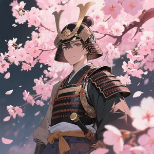 An anime-style portrait of a samurai standing under pink cherry blossoms. - Bytedance Seedream 3.0